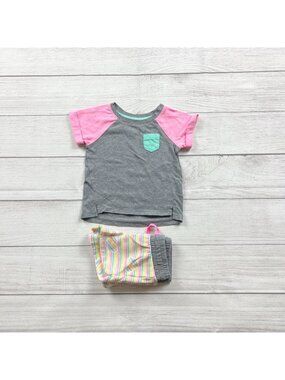 Cat & Jack Infant Girls Outfit Gray Pink Raglan Tee Striped Shorts 12-18 Months
